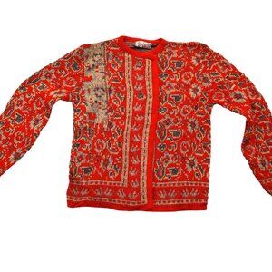 Vintage Mr. Sydney 1940s-1950s Fair Isels Red Multi-Color Wool Cardigan Sweater